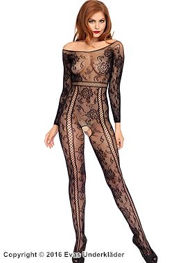 Sexy bodystocking, net, open crotch, off shoulder, flowers